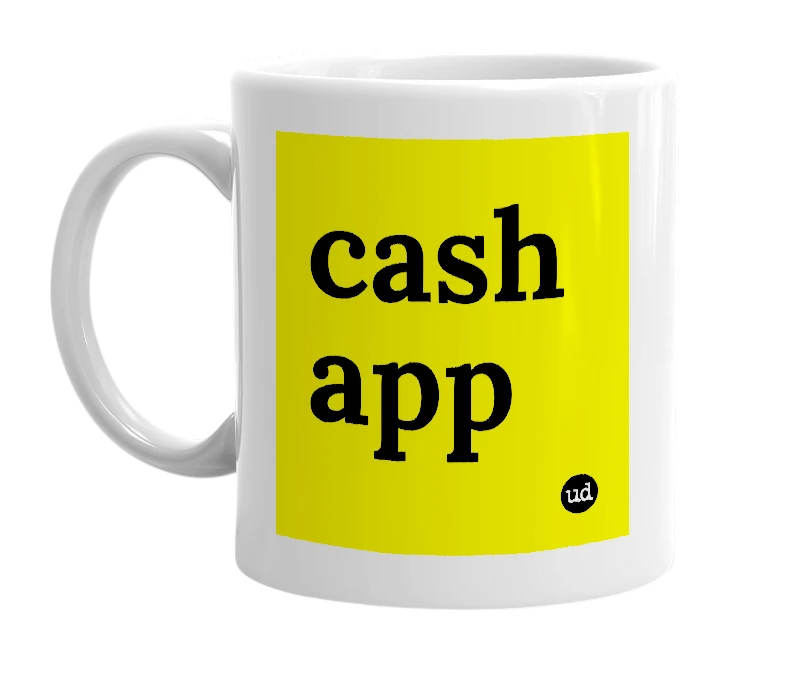 White mug with 'cash app' in bold black letters