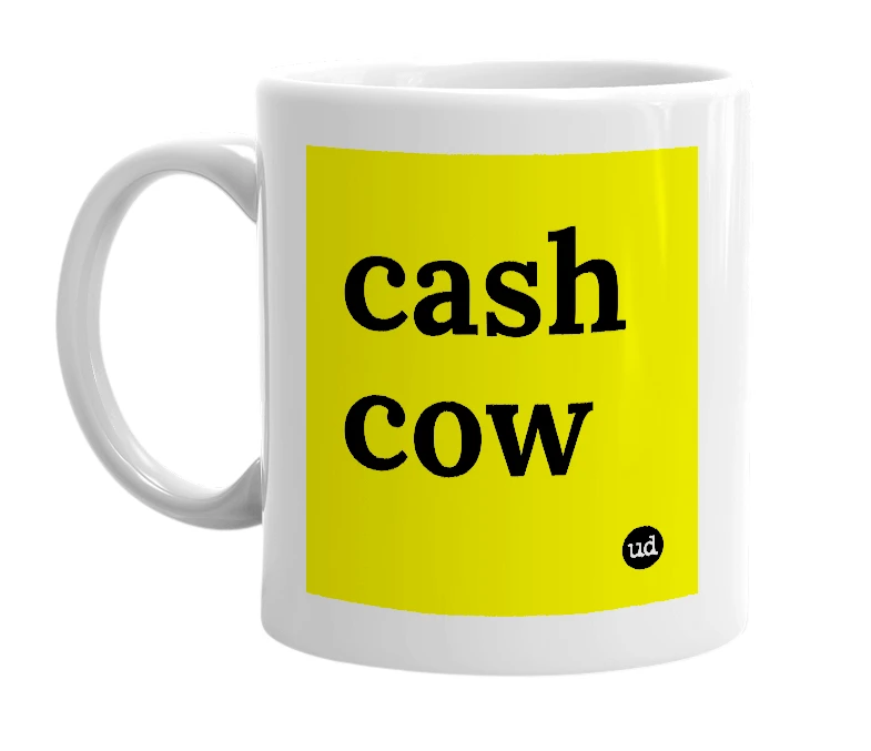 White mug with 'cash cow' in bold black letters