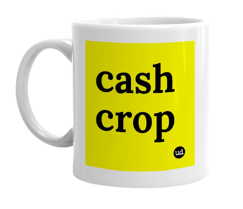 White mug with 'cash crop' in bold black letters