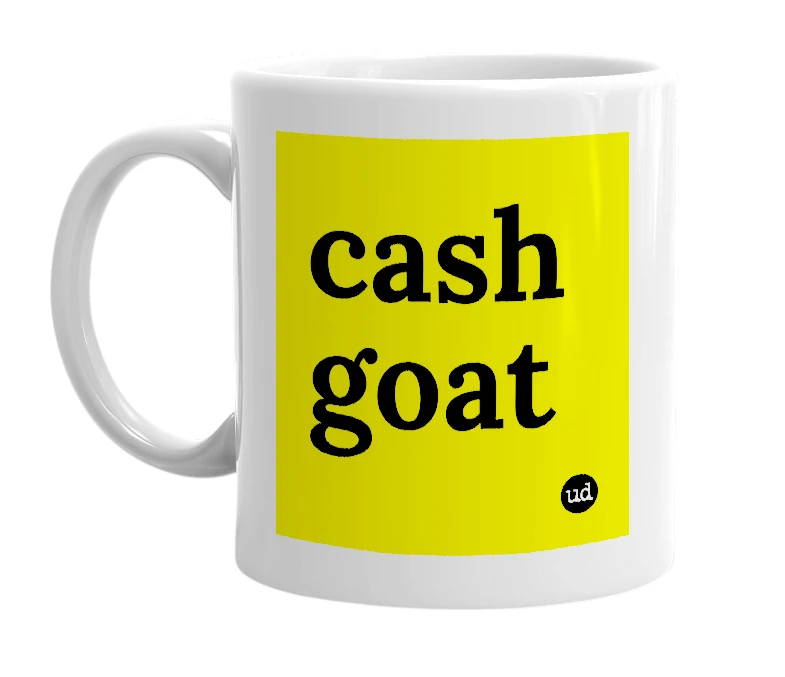 White mug with 'cash goat' in bold black letters