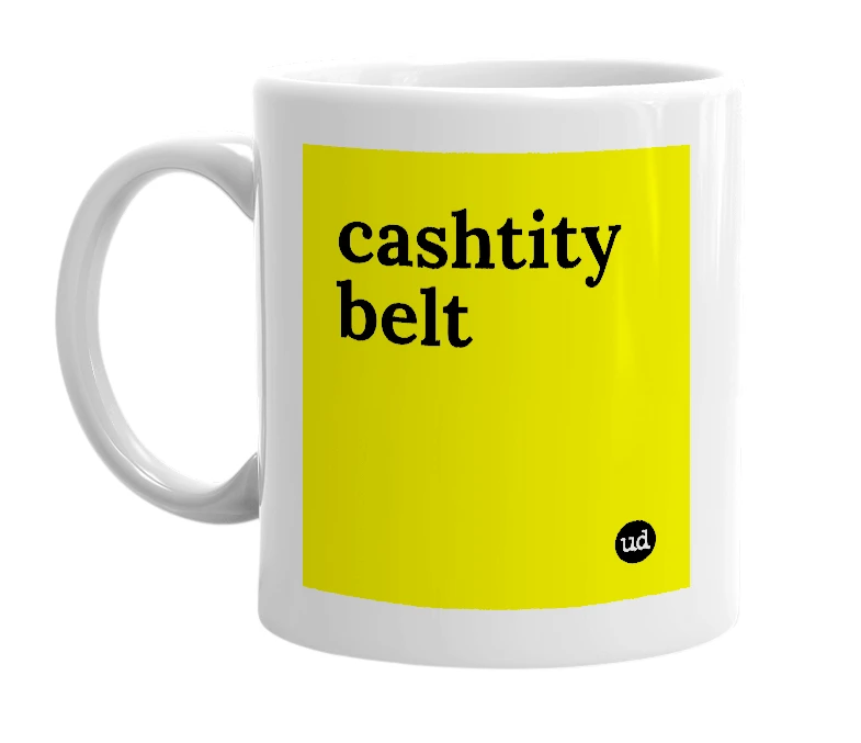 White mug with 'cashtity belt' in bold black letters