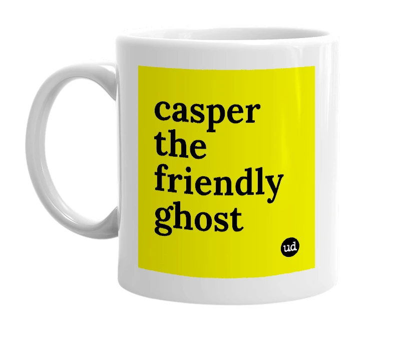 White mug with 'casper the friendly ghost' in bold black letters