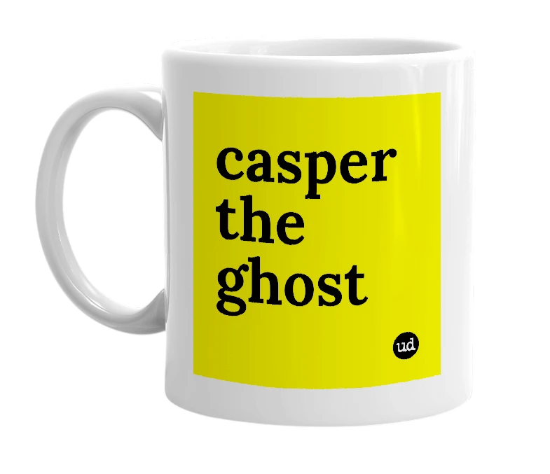 White mug with 'casper the ghost' in bold black letters