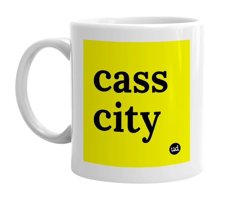White mug with 'cass city' in bold black letters