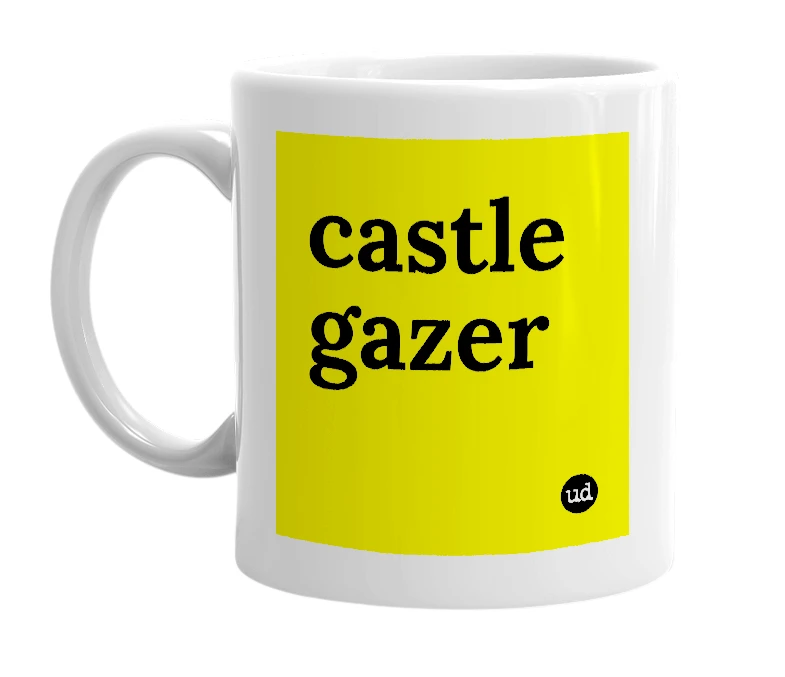 White mug with 'castle gazer' in bold black letters