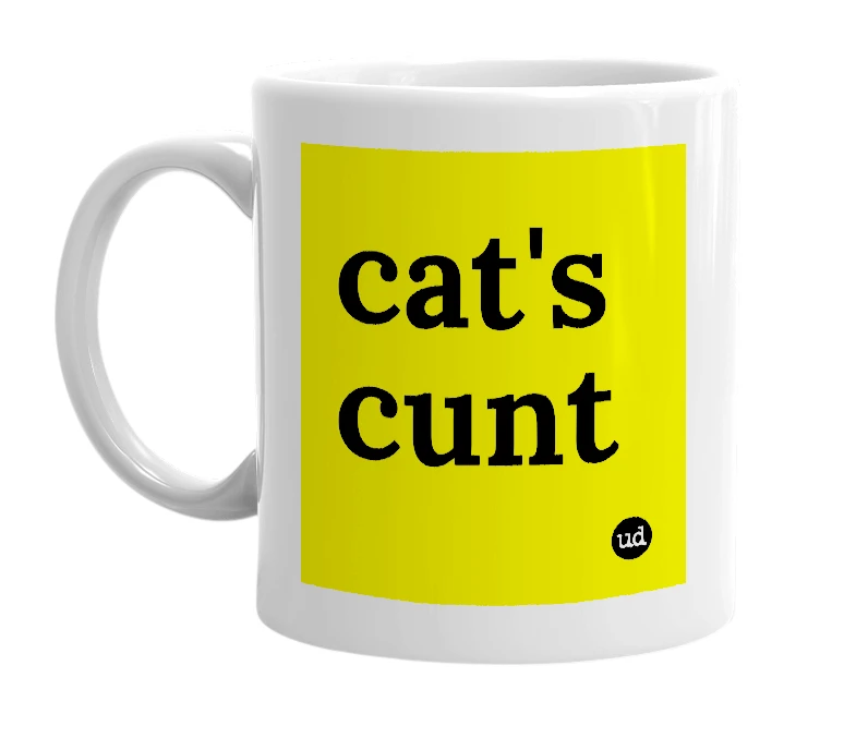 White mug with 'cat's cunt' in bold black letters