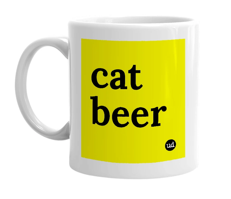White mug with 'cat beer' in bold black letters