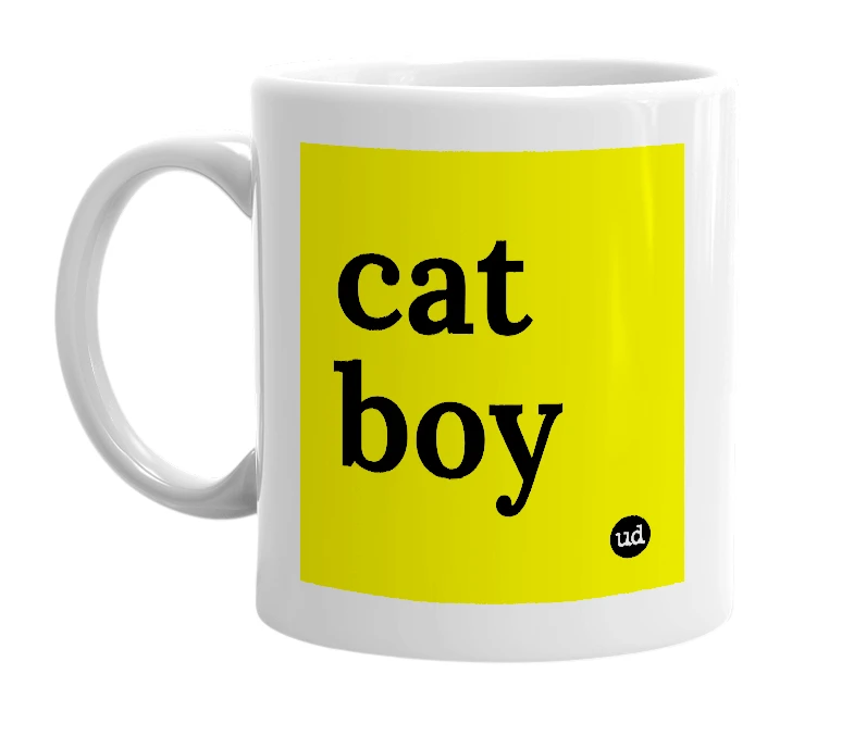 White mug with 'cat boy' in bold black letters