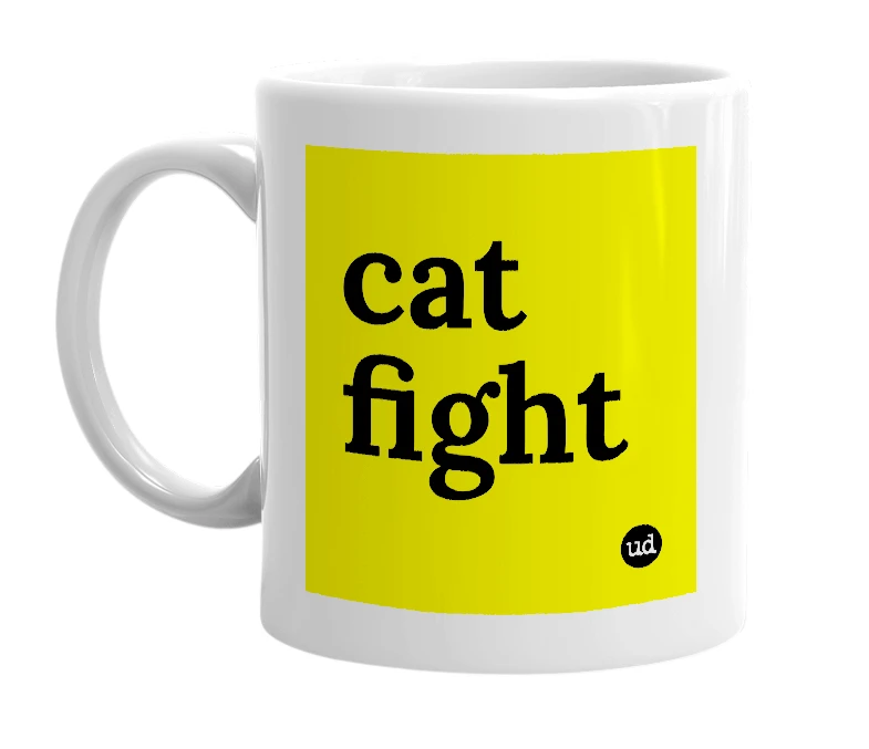 White mug with 'cat fight' in bold black letters