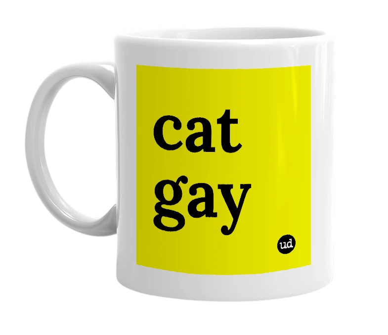 White mug with 'cat gay' in bold black letters