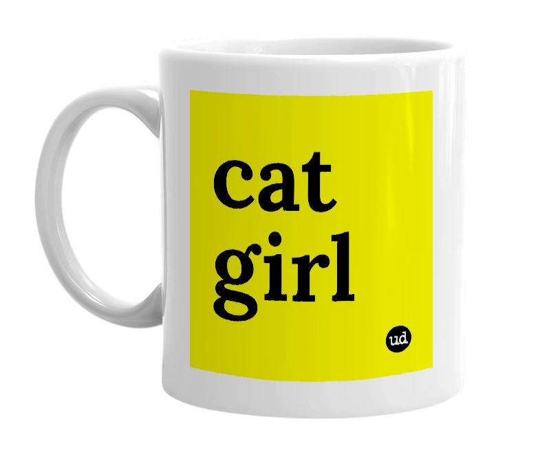 White mug with 'cat girl' in bold black letters