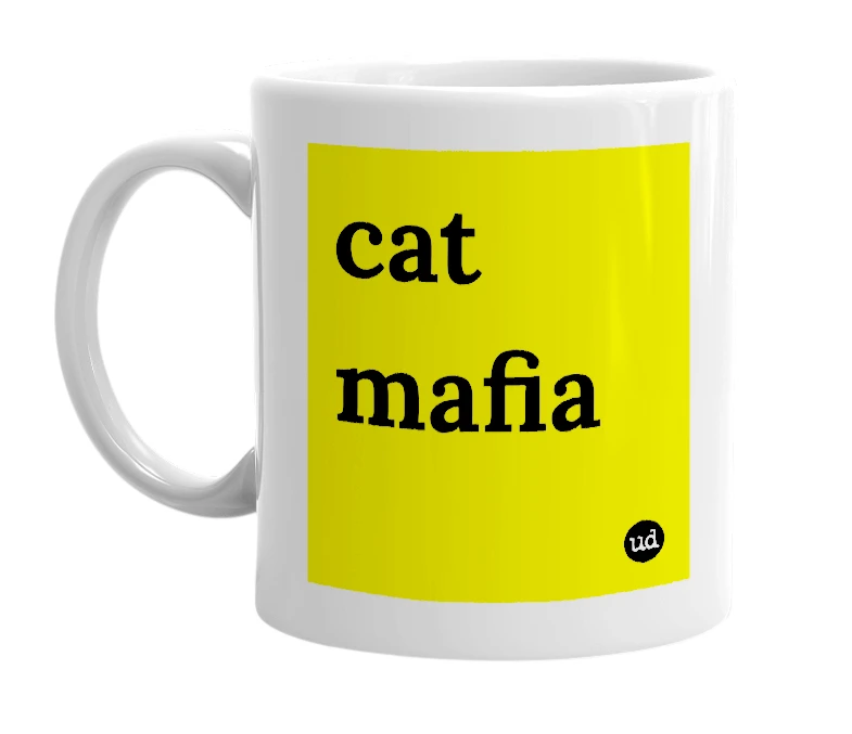 White mug with 'cat mafia' in bold black letters