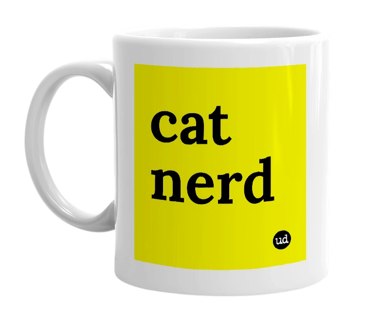 White mug with 'cat nerd' in bold black letters