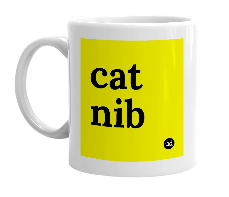 White mug with 'cat nib' in bold black letters