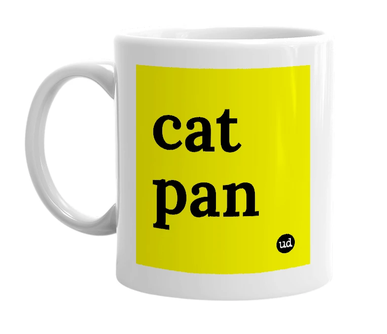 White mug with 'cat pan' in bold black letters