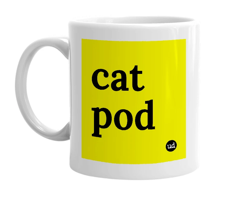 White mug with 'cat pod' in bold black letters