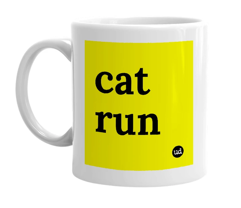 White mug with 'cat run' in bold black letters