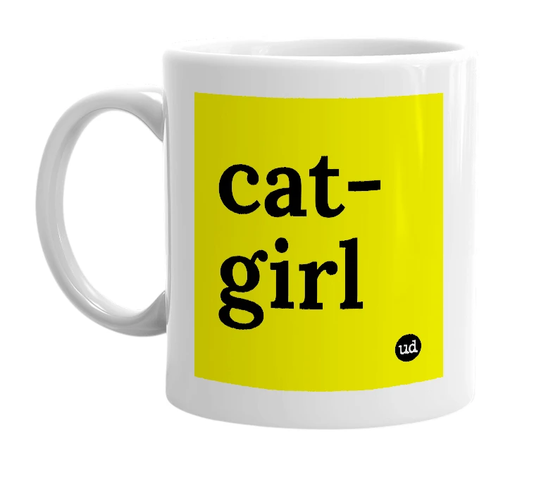 White mug with 'cat-girl' in bold black letters