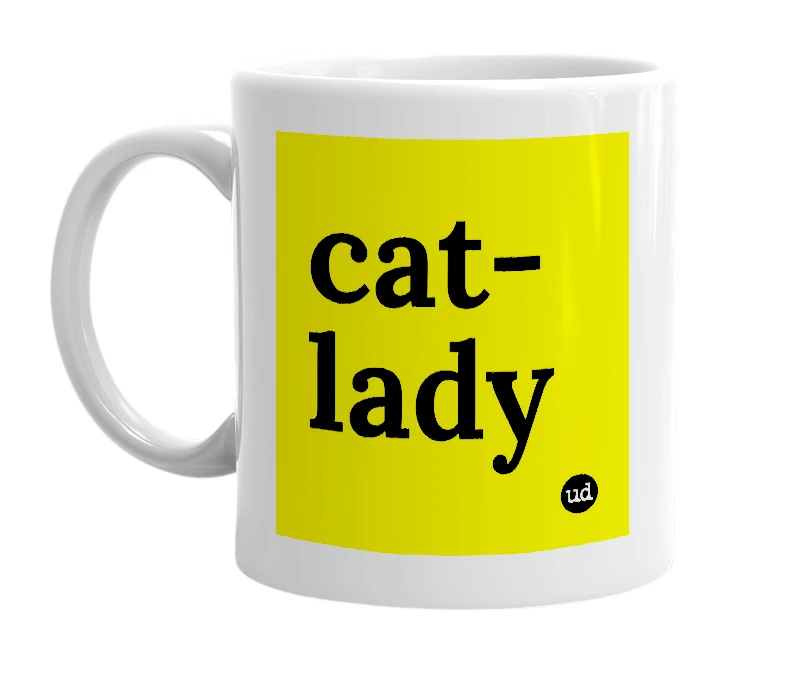 White mug with 'cat-lady' in bold black letters