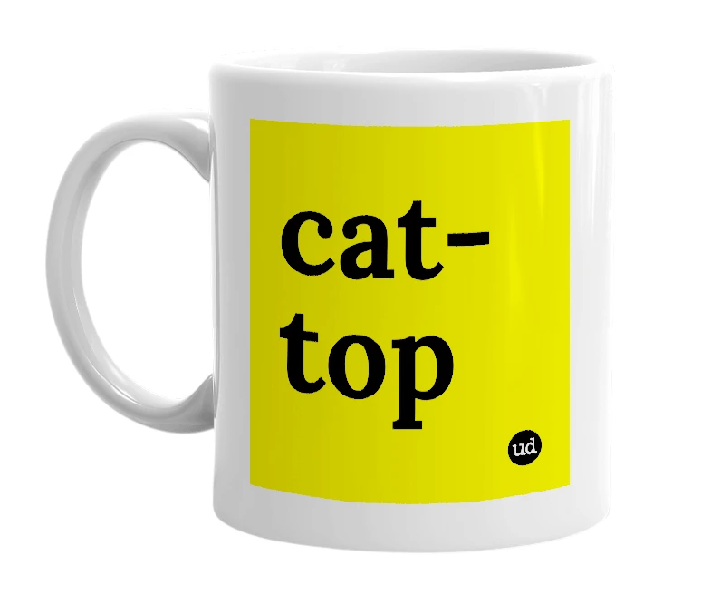 White mug with 'cat-top' in bold black letters