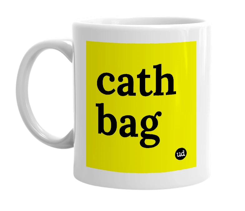 White mug with 'cath bag' in bold black letters