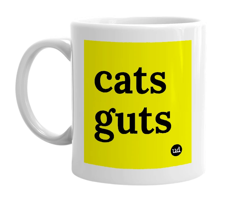 White mug with 'cats guts' in bold black letters