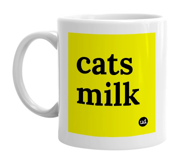 White mug with 'cats milk' in bold black letters
