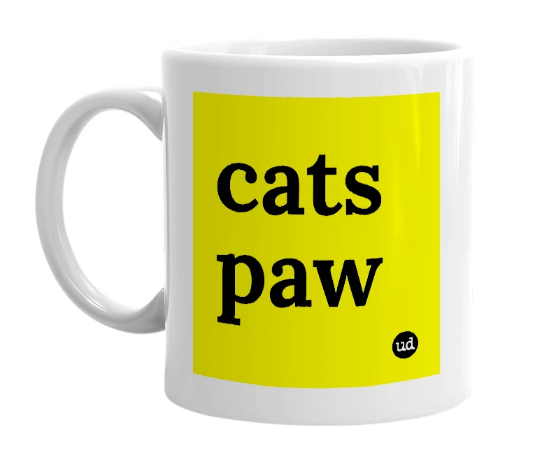 White mug with 'cats paw' in bold black letters