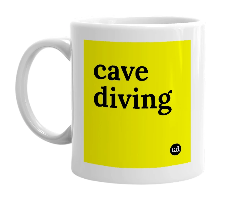 White mug with 'cave diving' in bold black letters