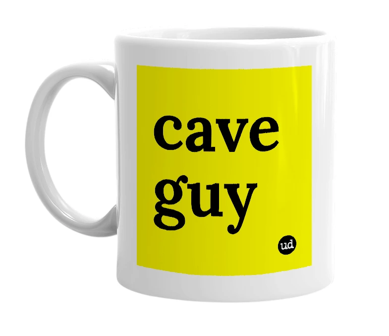 White mug with 'cave guy' in bold black letters