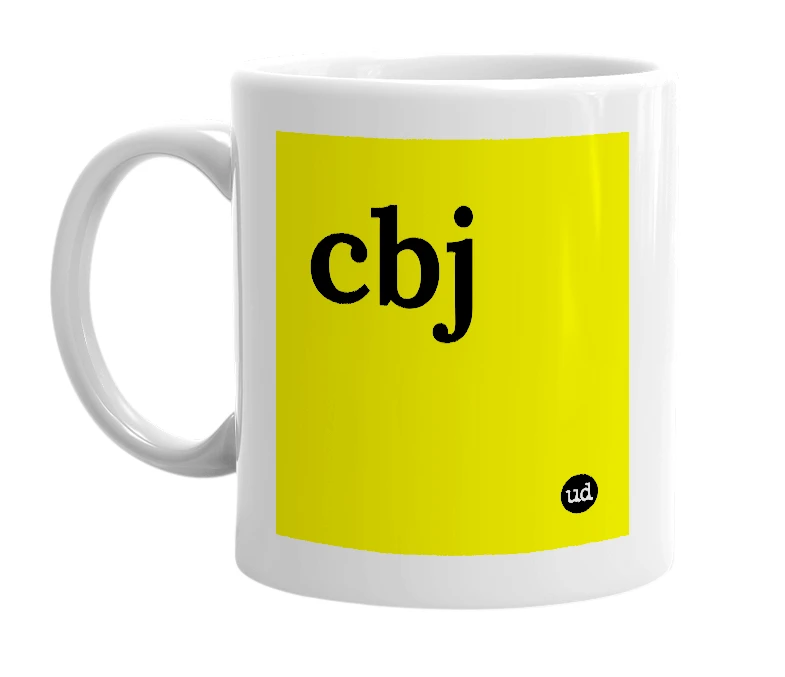 White mug with 'cbj' in bold black letters