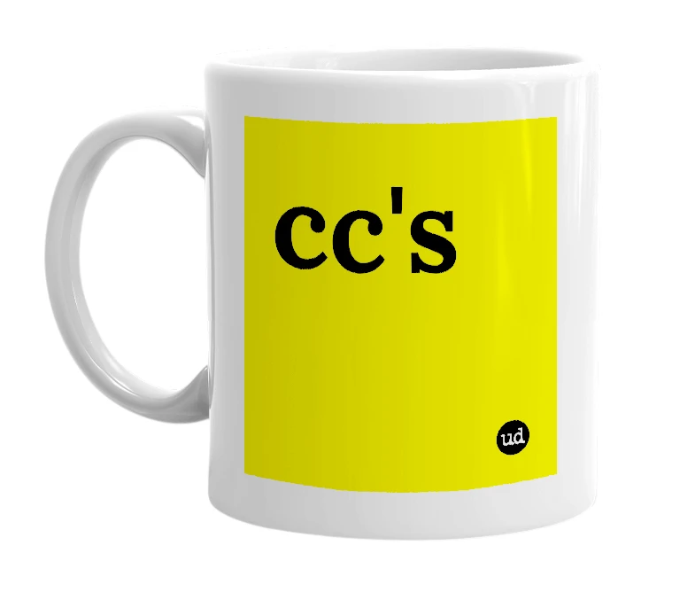 White mug with 'cc's' in bold black letters