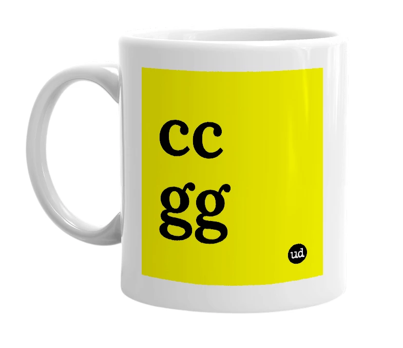 White mug with 'cc gg' in bold black letters