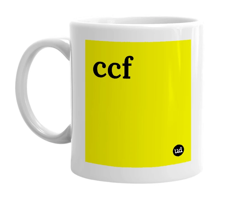 White mug with 'ccf' in bold black letters