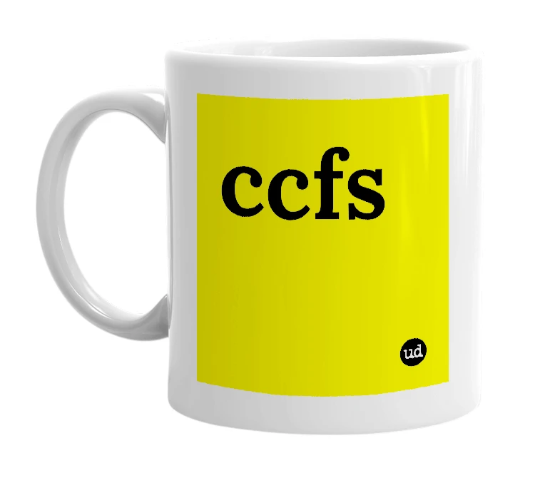 White mug with 'ccfs' in bold black letters