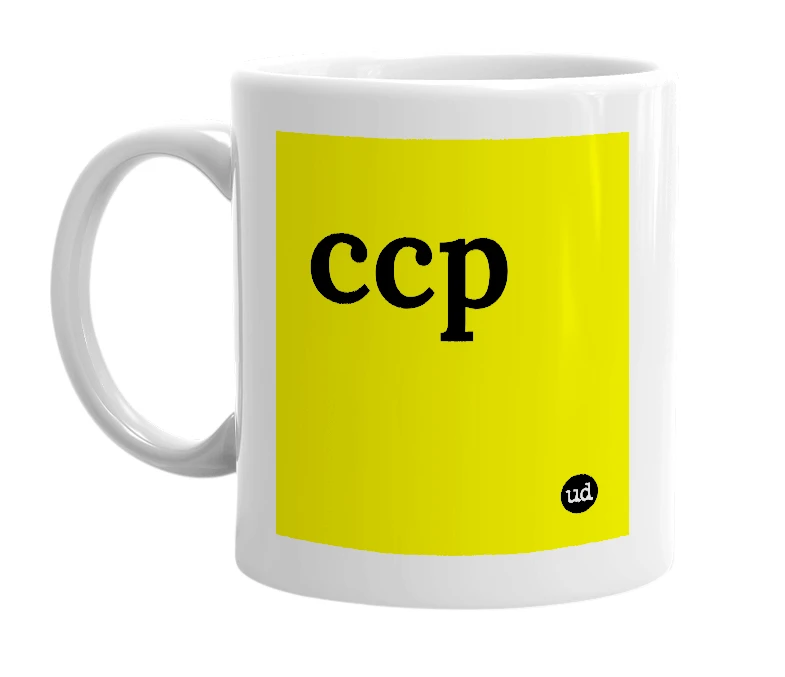 White mug with 'ccp' in bold black letters