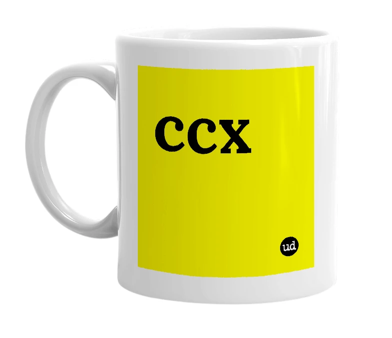 White mug with 'ccx' in bold black letters