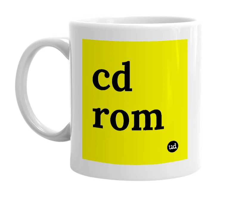 White mug with 'cd rom' in bold black letters