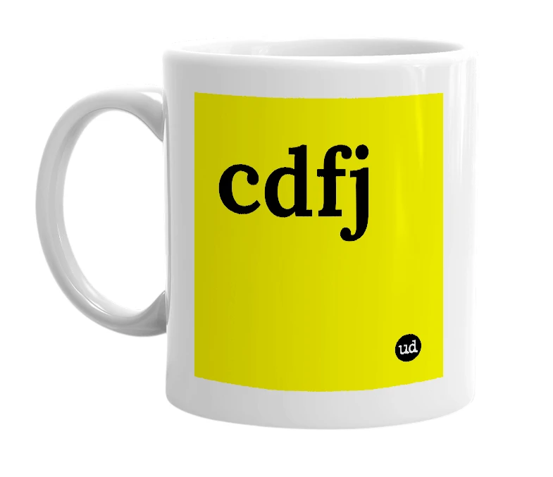 White mug with 'cdfj' in bold black letters