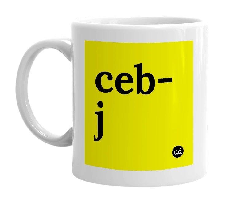 White mug with 'ceb-j' in bold black letters