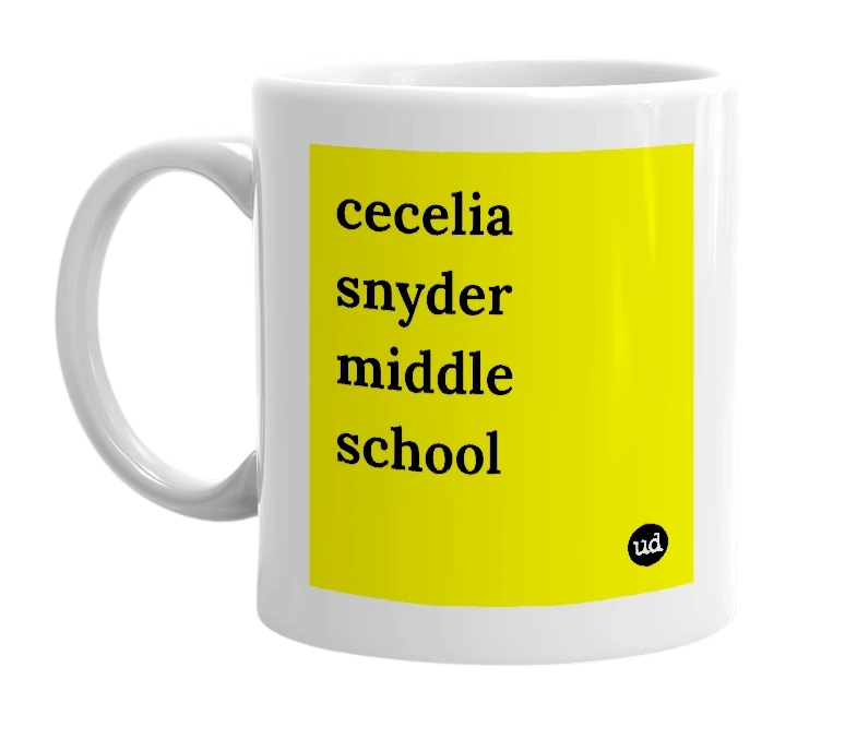 White mug with 'cecelia snyder middle school' in bold black letters