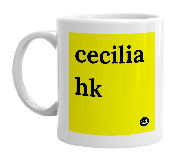 White mug with 'cecilia hk' in bold black letters