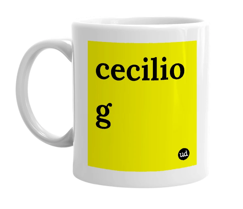 White mug with 'cecilio g' in bold black letters