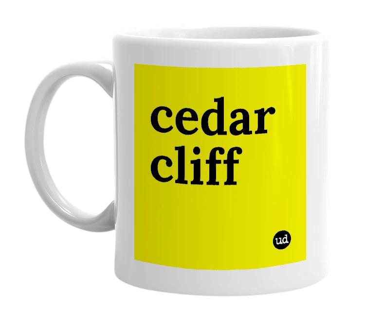 White mug with 'cedar cliff' in bold black letters