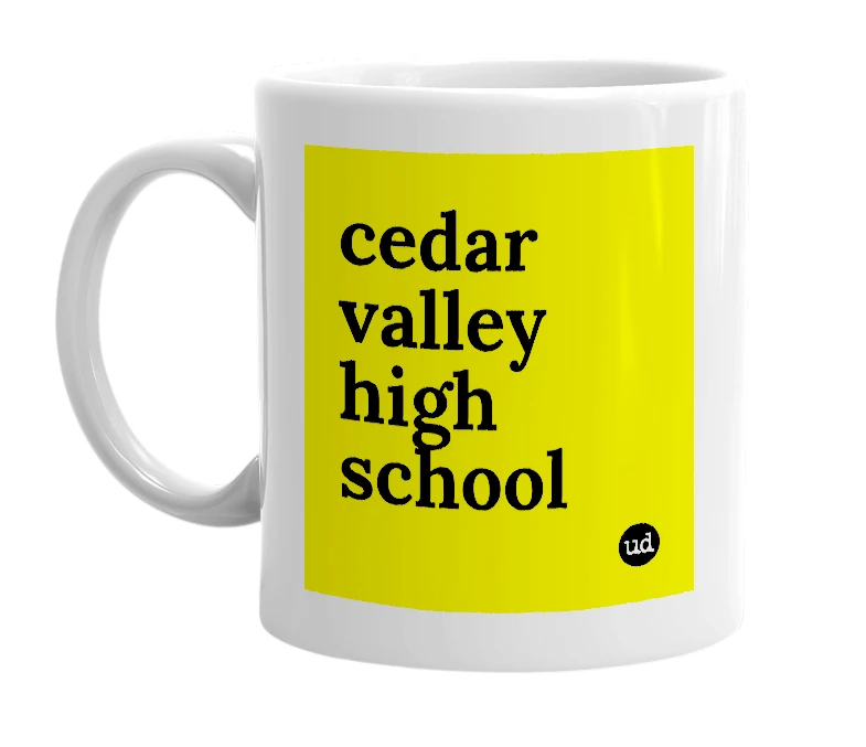 White mug with 'cedar valley high school' in bold black letters