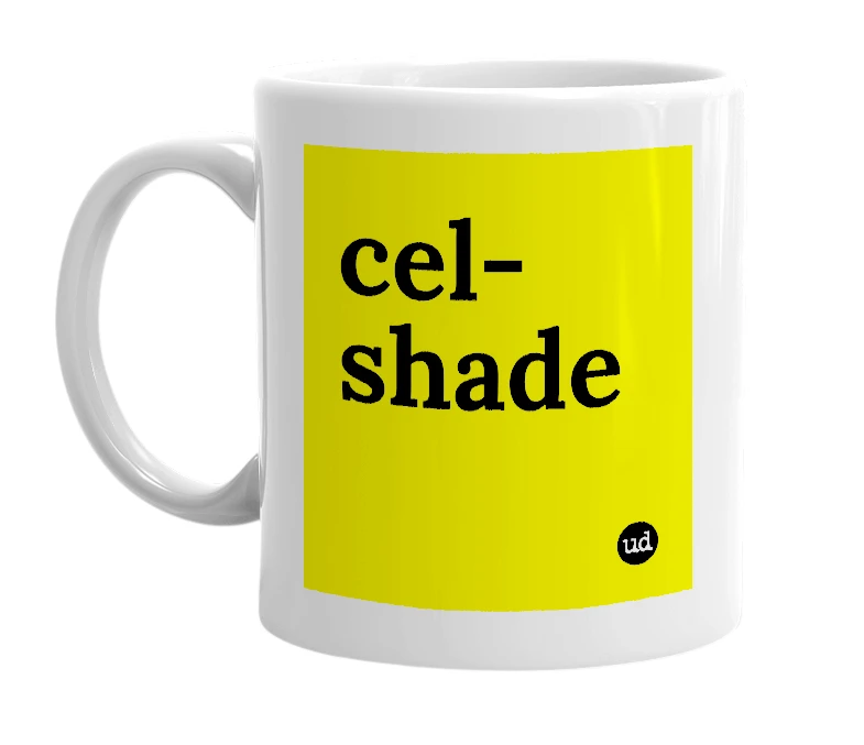 White mug with 'cel-shade' in bold black letters