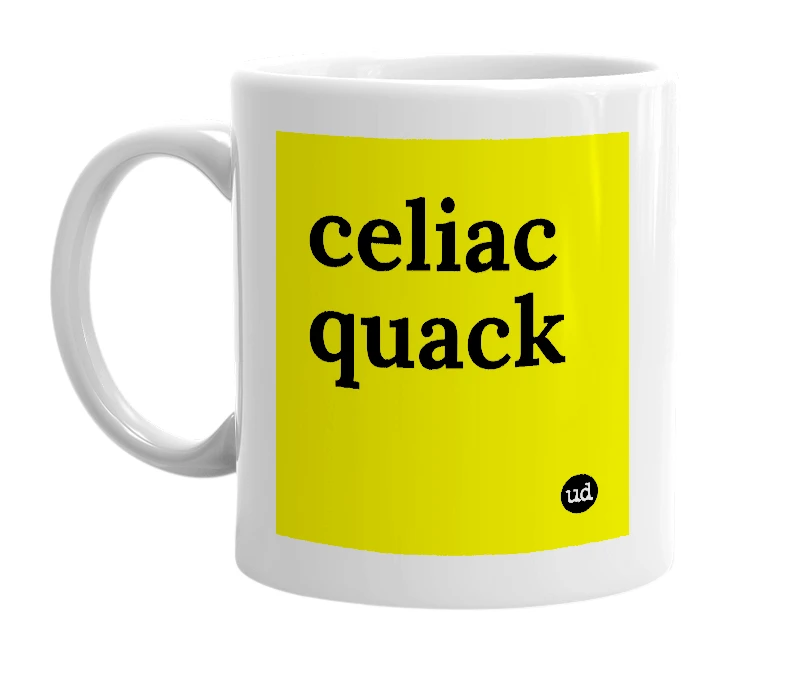 White mug with 'celiac quack' in bold black letters