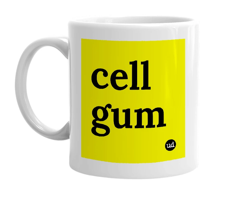 White mug with 'cell gum' in bold black letters