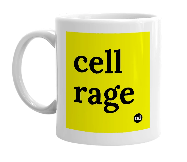 White mug with 'cell rage' in bold black letters