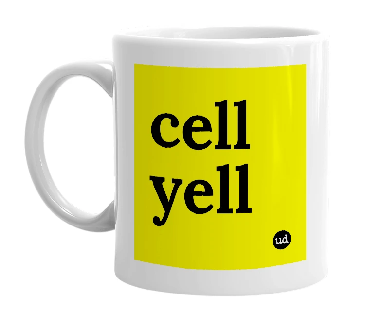 White mug with 'cell yell' in bold black letters